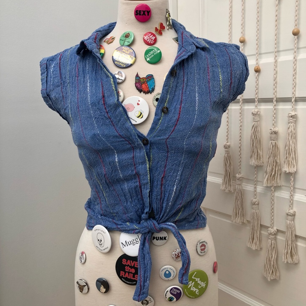 Faux-Denim Collared Waist Tie Shirt